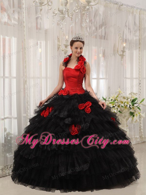 Red and Black Halter Top Ruffled Dress for Quince