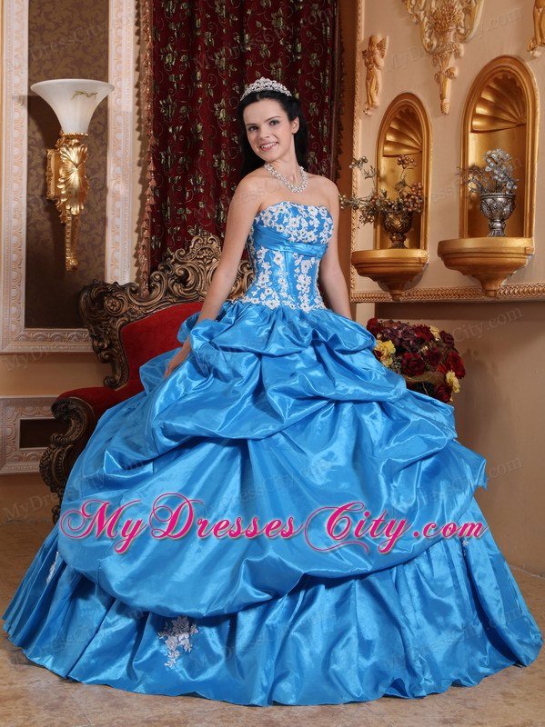 Strapless Baby Blue Appliques Puffy Quinceanera Dress