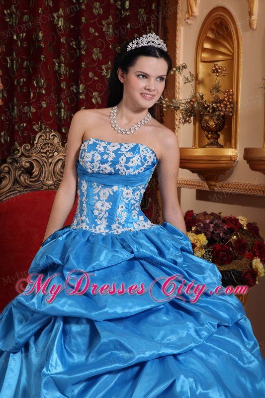 Strapless Baby Blue Appliques Puffy Quinceanera Dress