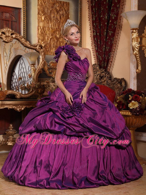 Flowered One Shoulder Taffeta Beading Ball Gown Quinceanera Dress