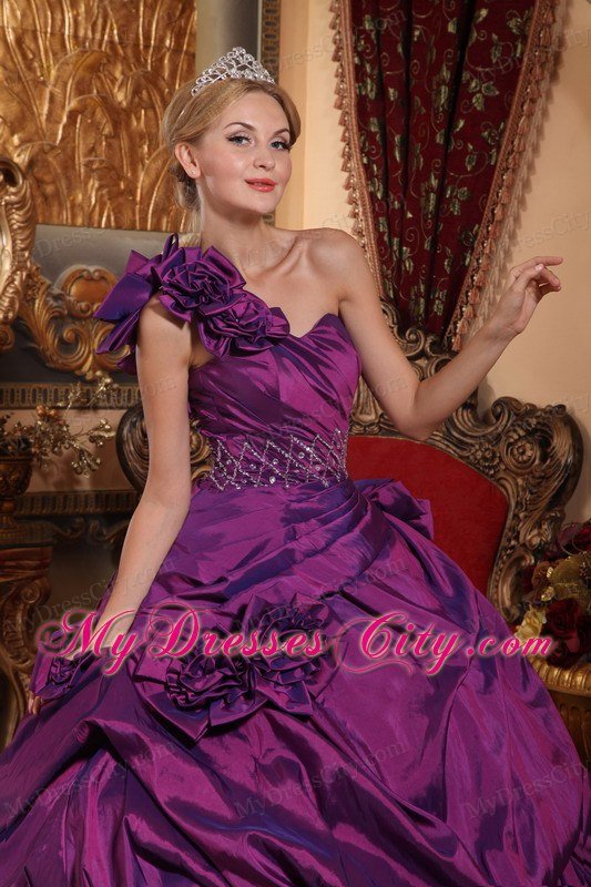 Flowered One Shoulder Taffeta Beading Ball Gown Quinceanera Dress