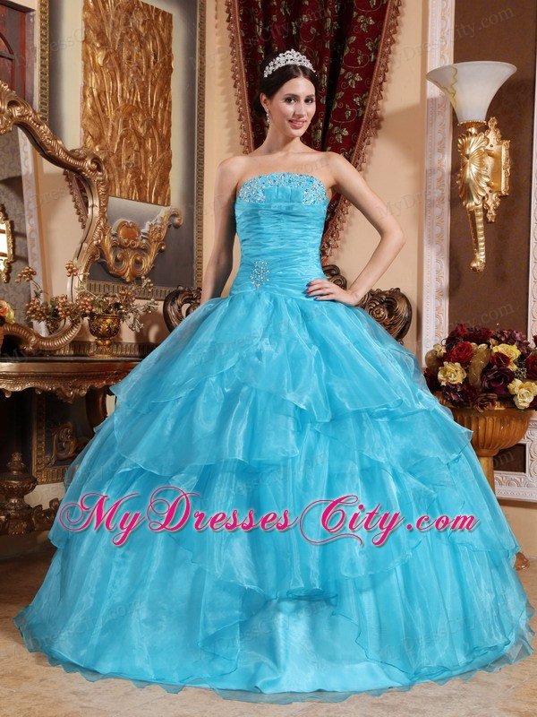 Aqua Blue Strapless Floor-length Beading Dress for Quince