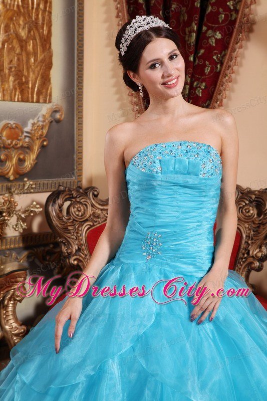 Aqua Blue Strapless Floor-length Beading Dress for Quince