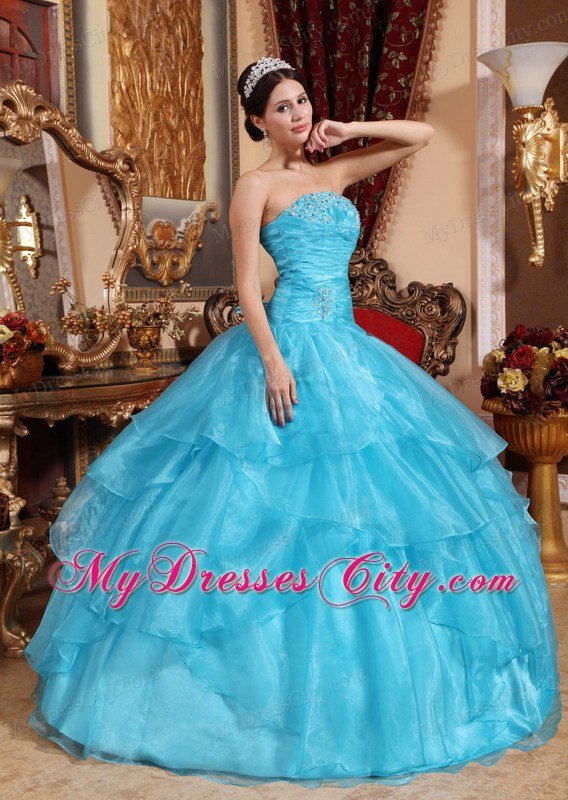 Aqua Blue Strapless Floor-length Beading Dress for Quince