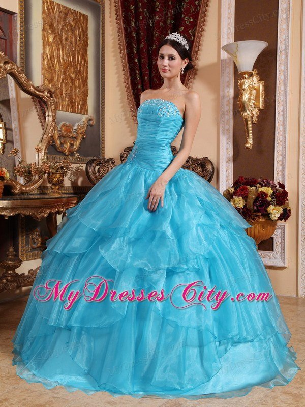 Aqua Blue Strapless Floor-length Beading Dress for Quince