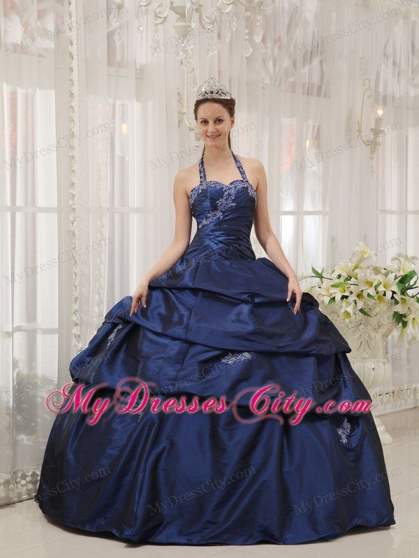 Beautiful Navy Blue Halter Taffeta Appliques Dress for Sweet 15