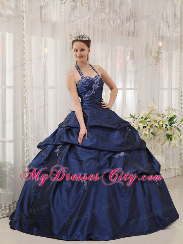 Beautiful Navy Blue Halter Taffeta Appliques Dress for Sweet 15