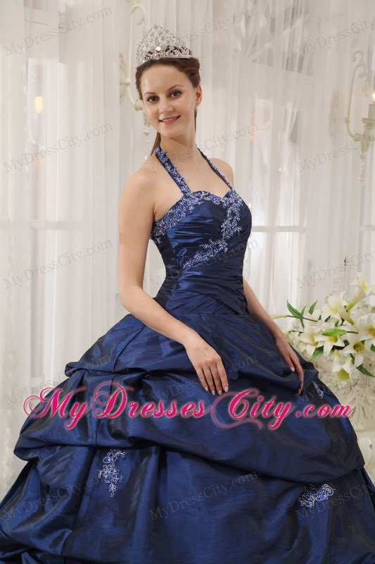 Beautiful Navy Blue Halter Taffeta Appliques Dress for Sweet 15