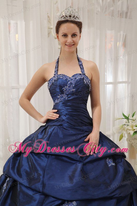 Beautiful Navy Blue Halter Taffeta Appliques Dress for Sweet 15