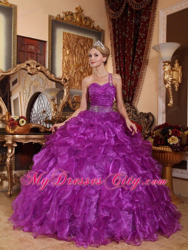 Purple One Shoulder Floor-length Quinceanera Dress with Ruffles