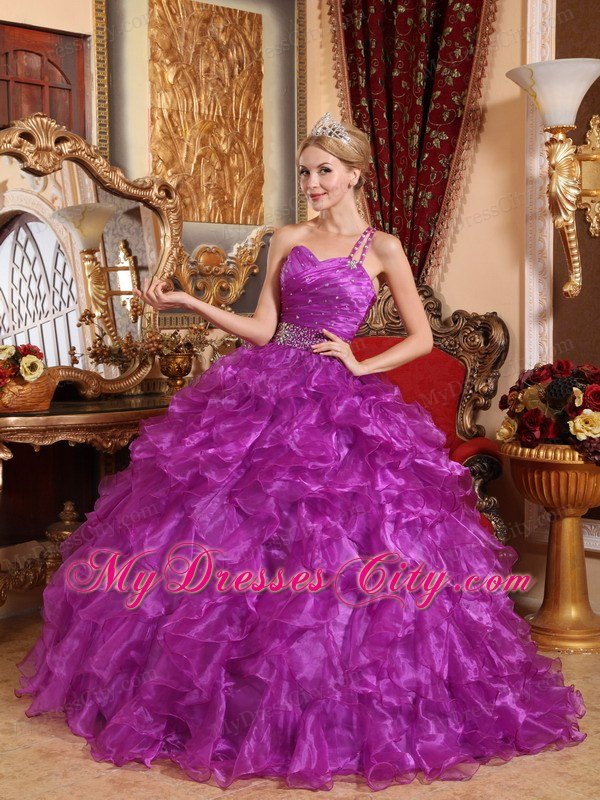 Purple One Shoulder Floor-length Quinceanera Dress with Ruffles