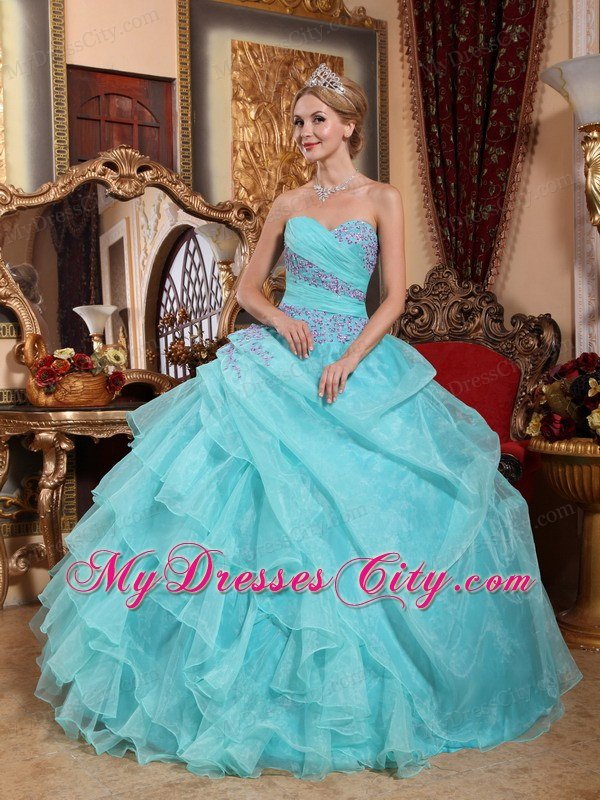 Baby Blue Organza Appliques and Ruches Quinceanera Dress