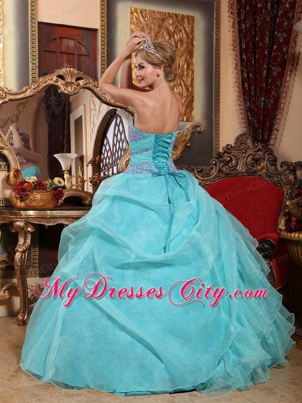 Baby Blue Organza Appliques and Ruches Quinceanera Dress