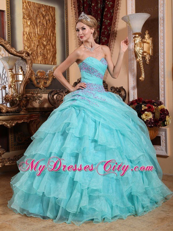 Baby Blue Organza Appliques and Ruches Quinceanera Dress