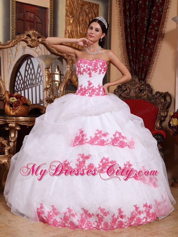 White Sweetheart Organza Quinceanera Dress with Pink Appliques