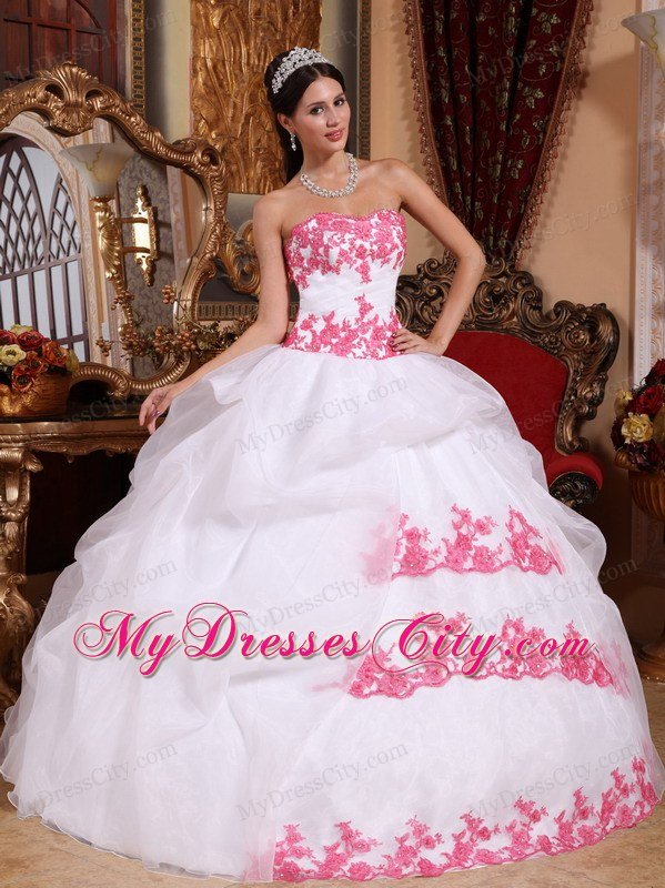 White Sweetheart Organza Quinceanera Dress with Pink Appliques