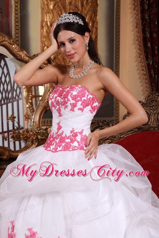 White Sweetheart Organza Quinceanera Dress with Pink Appliques