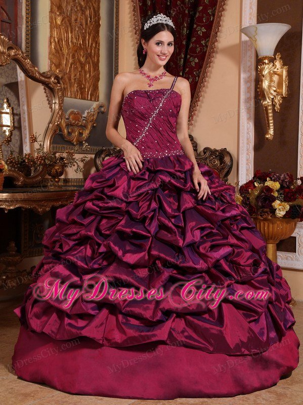 One Shoulder Burgundy Colored Taffeta Pick-ups Quinceanera Dress