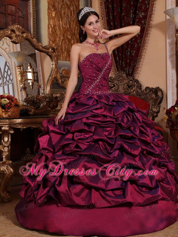 One Shoulder Burgundy Colored Taffeta Pick-ups Quinceanera Dress