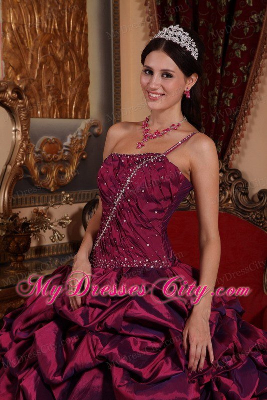 One Shoulder Burgundy Colored Taffeta Pick-ups Quinceanera Dress