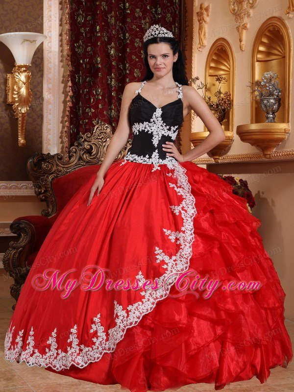 Cheap Red and Black V-neck Appliques Sweet Sixteen Dresses