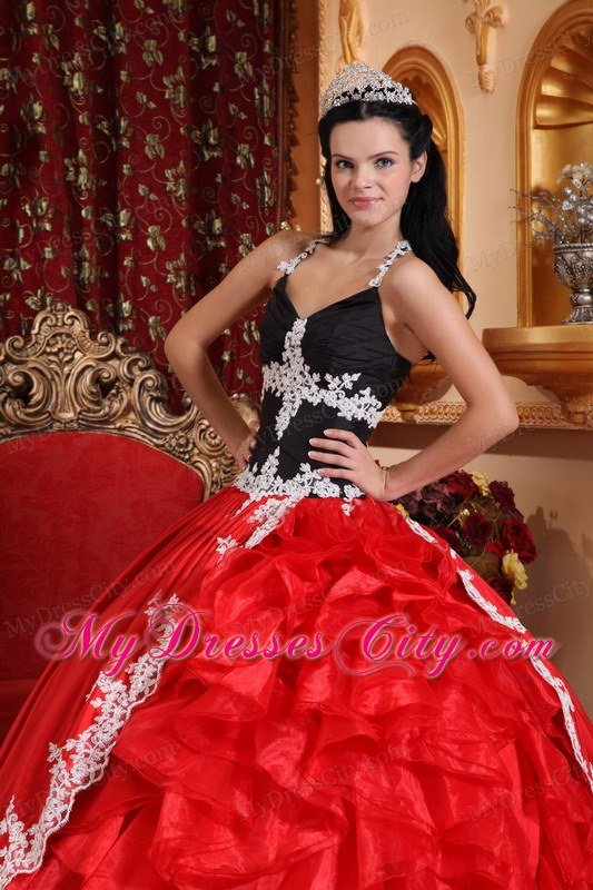 Cheap Red and Black V-neck Appliques Sweet Sixteen Dresses