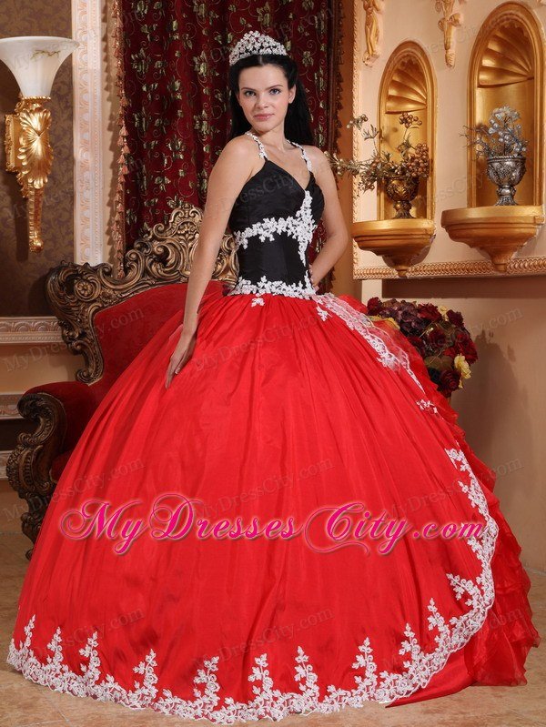 Cheap Red and Black V-neck Appliques Sweet Sixteen Dresses