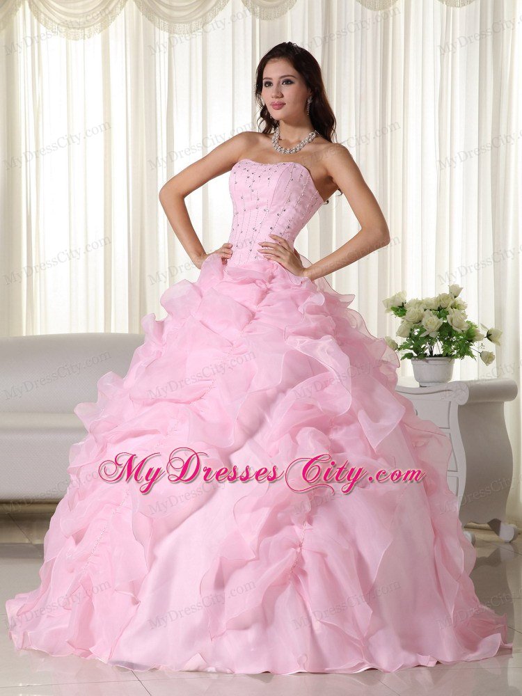 Fabulous Pink Strapless Organza Beading Quinceanera Dress