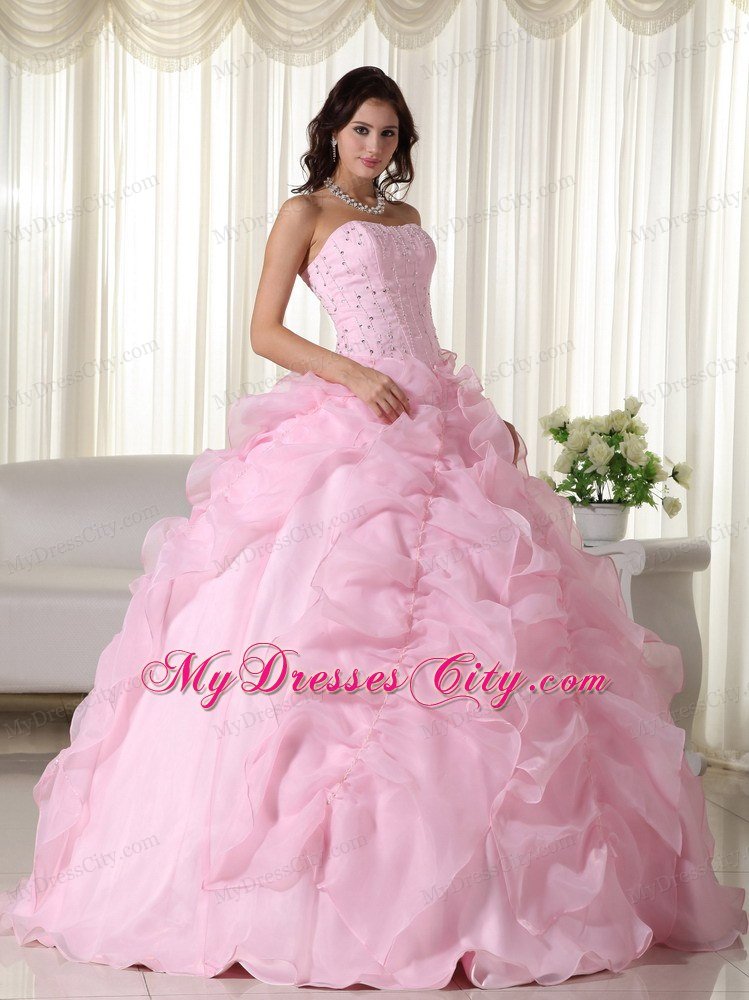 Fabulous Pink Strapless Organza Beading Quinceanera Dress