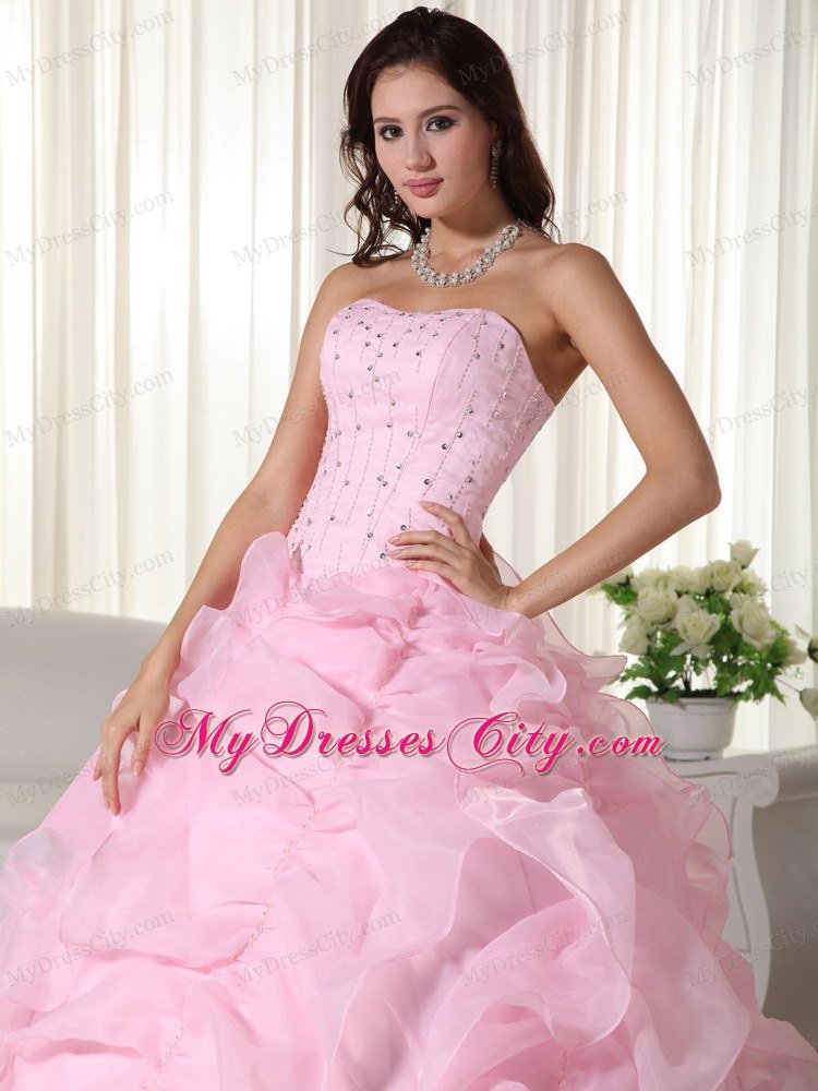 Fabulous Pink Strapless Organza Beading Quinceanera Dress