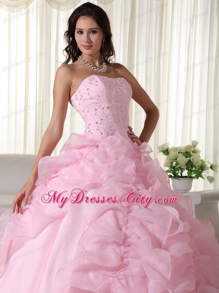 Fabulous Pink Strapless Organza Beading Quinceanera Dress