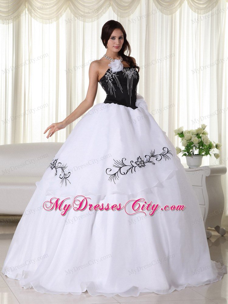 White Strapless Organza Embroidery Quinceanera Dress under 200