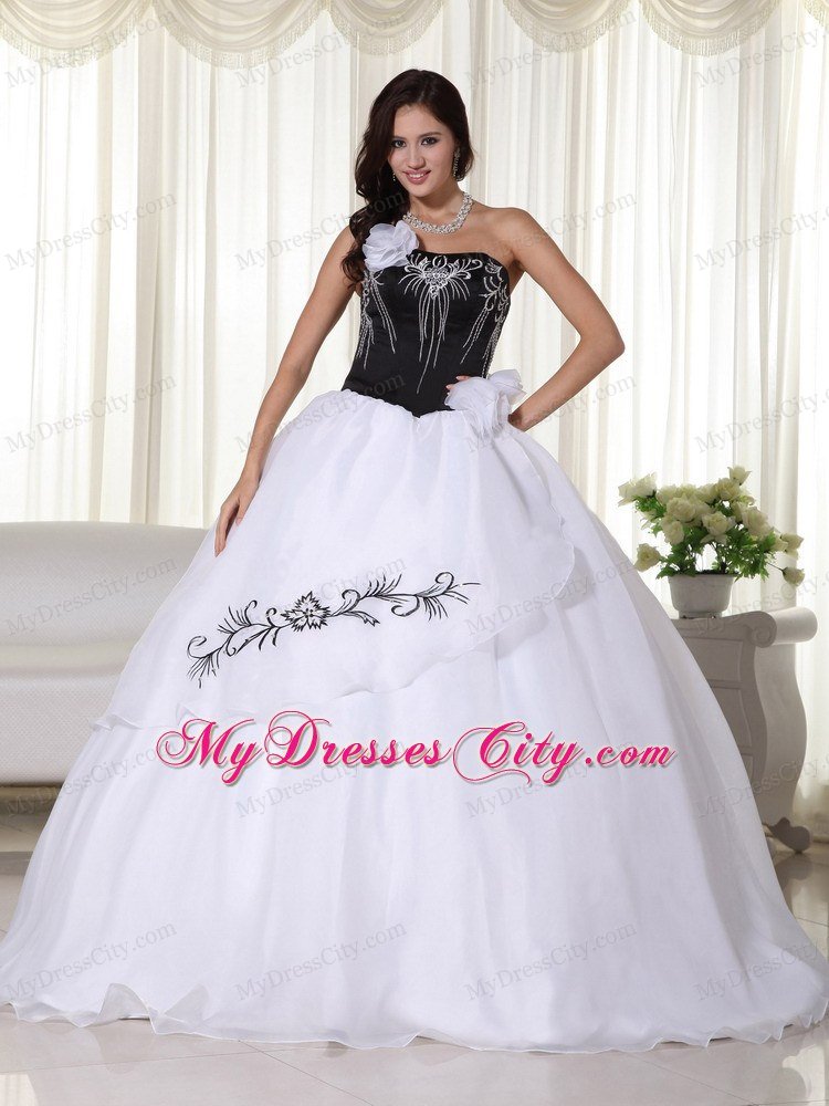 White Strapless Organza Embroidery Quinceanera Dress under 200