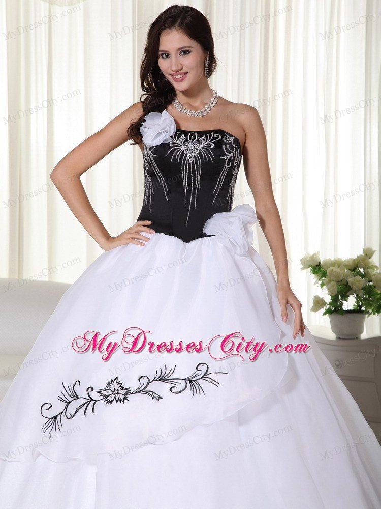 White Strapless Organza Embroidery Quinceanera Dress under 200