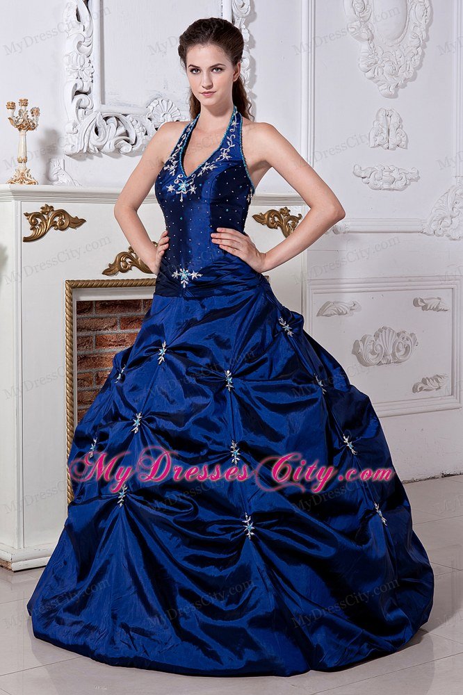 Blue Princess Halter Embriodery Quinceanera Dress in Taffeta