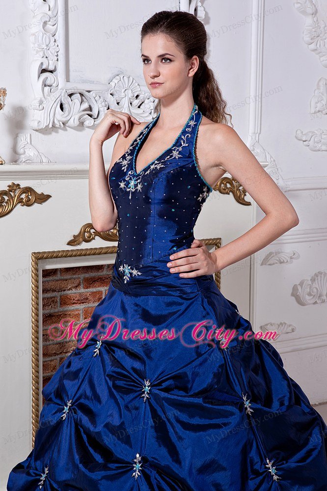 Blue Princess Halter Embriodery Quinceanera Dress in Taffeta