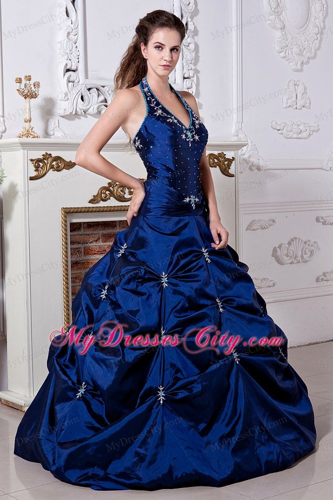 Blue Princess Halter Embriodery Quinceanera Dress in Taffeta