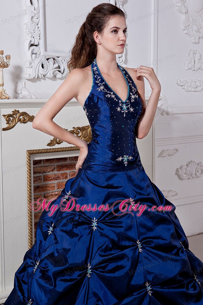 Blue Princess Halter Embriodery Quinceanera Dress in Taffeta