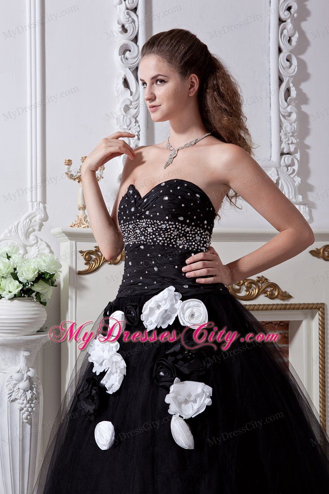 Black A-line Sweetheart Quinceanera Dress with Hand Made Flowers