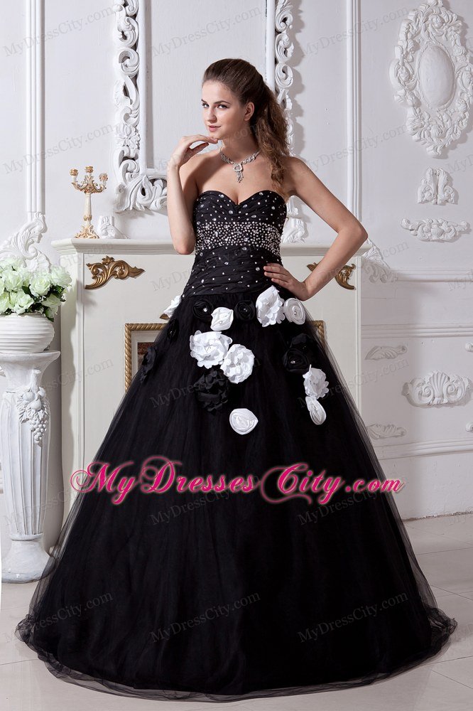 Black A-line Sweetheart Quinceanera Dress with Hand Made Flowers