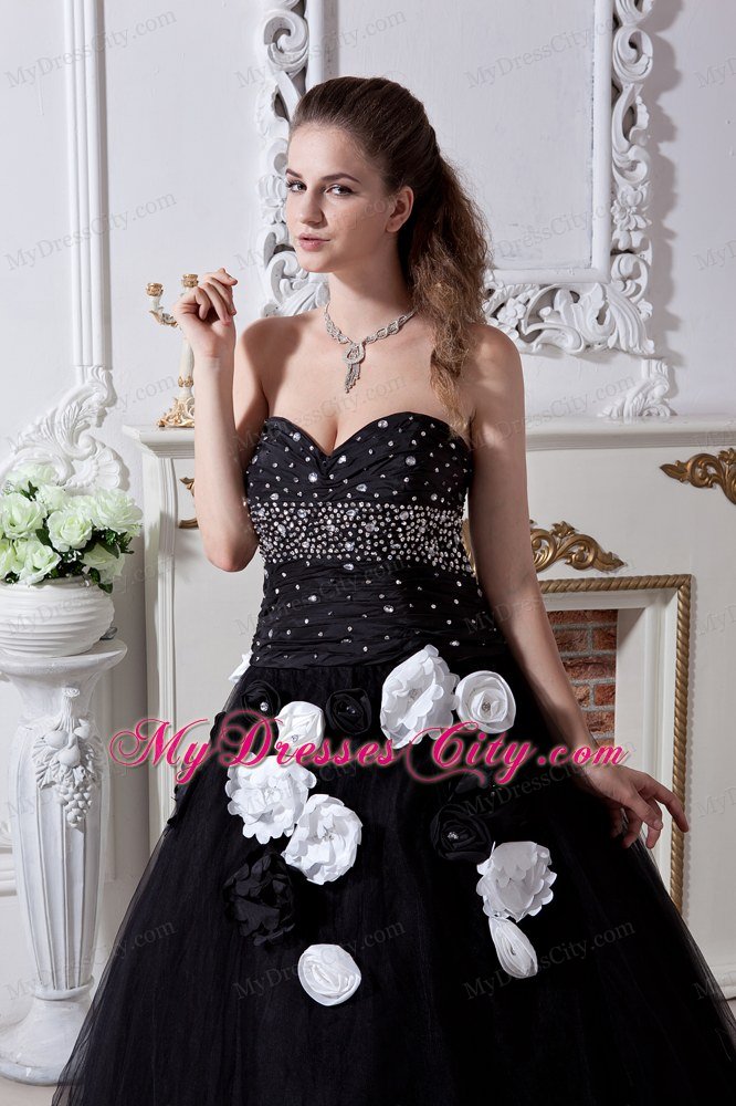 Black A-line Sweetheart Quinceanera Dress with Hand Made Flowers