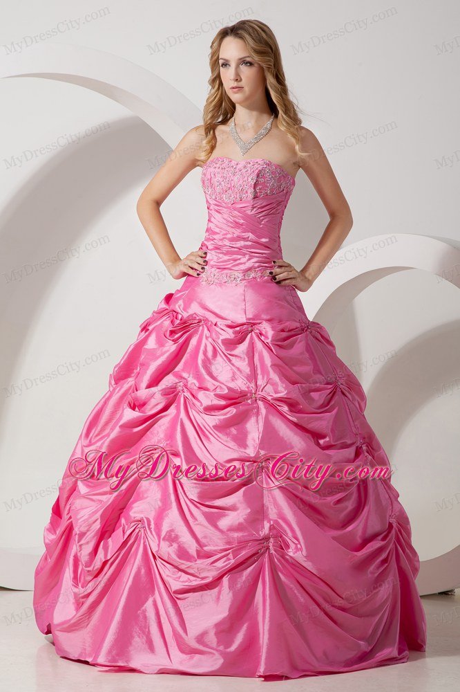 Rose Pink Strapless Taffeta Appliques Sweet Sixteen Dress