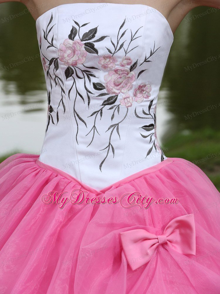 Embroidery Decorated Rose Pink Strapless Quinceanera Dress