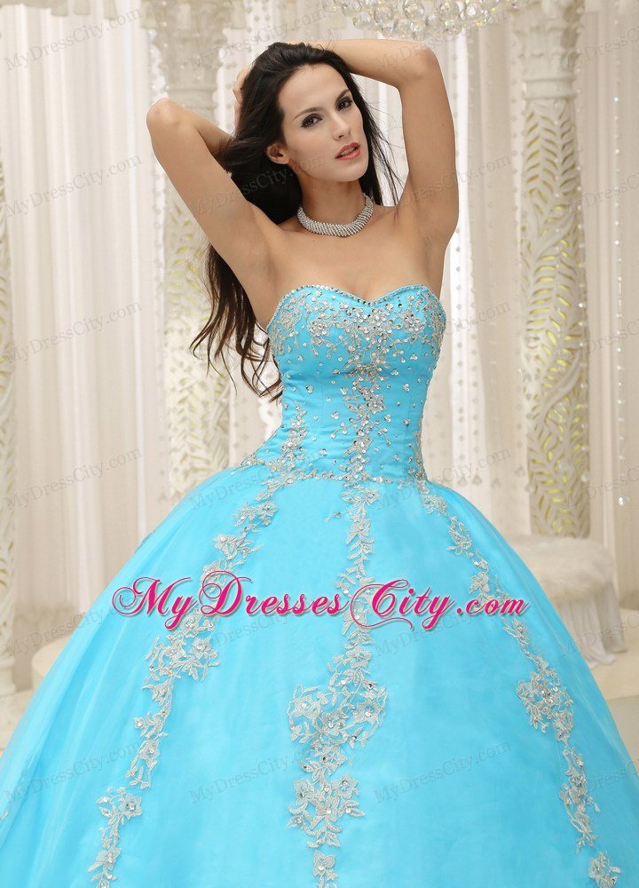 Appliques and Beaded Aqua Blue Sweetheart Quinceanera Dress