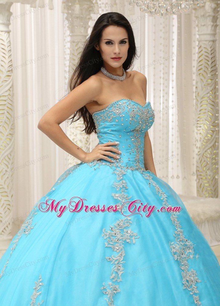 Appliques and Beaded Aqua Blue Sweetheart Quinceanera Dress