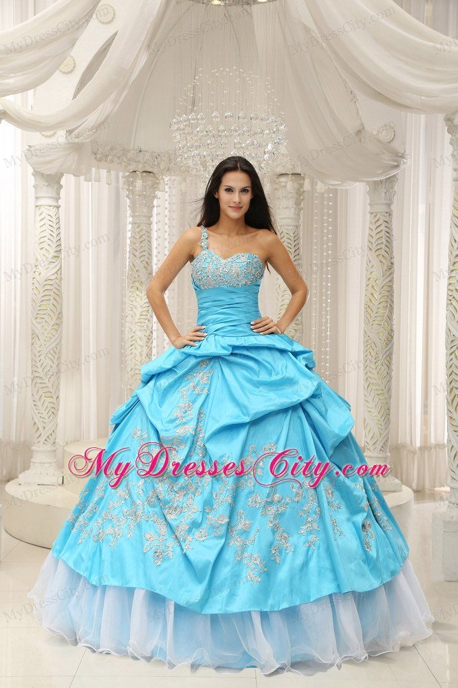 Aqua One Shoulder Embroidery Quinceanera Dress in Organza