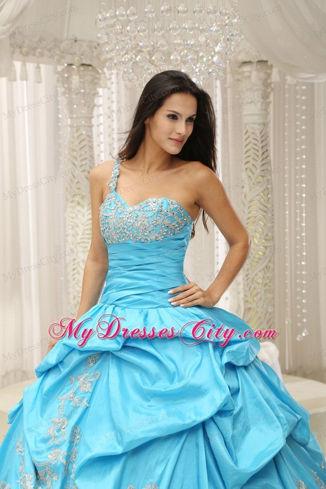 Aqua One Shoulder Embroidery Quinceanera Dress in Organza