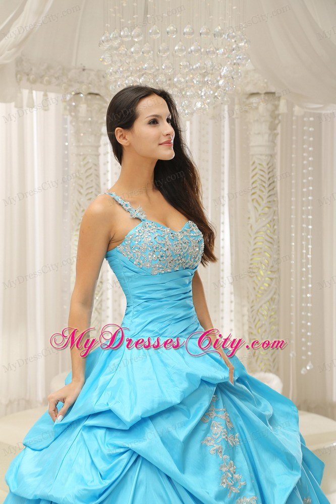 Aqua One Shoulder Embroidery Quinceanera Dress in Organza