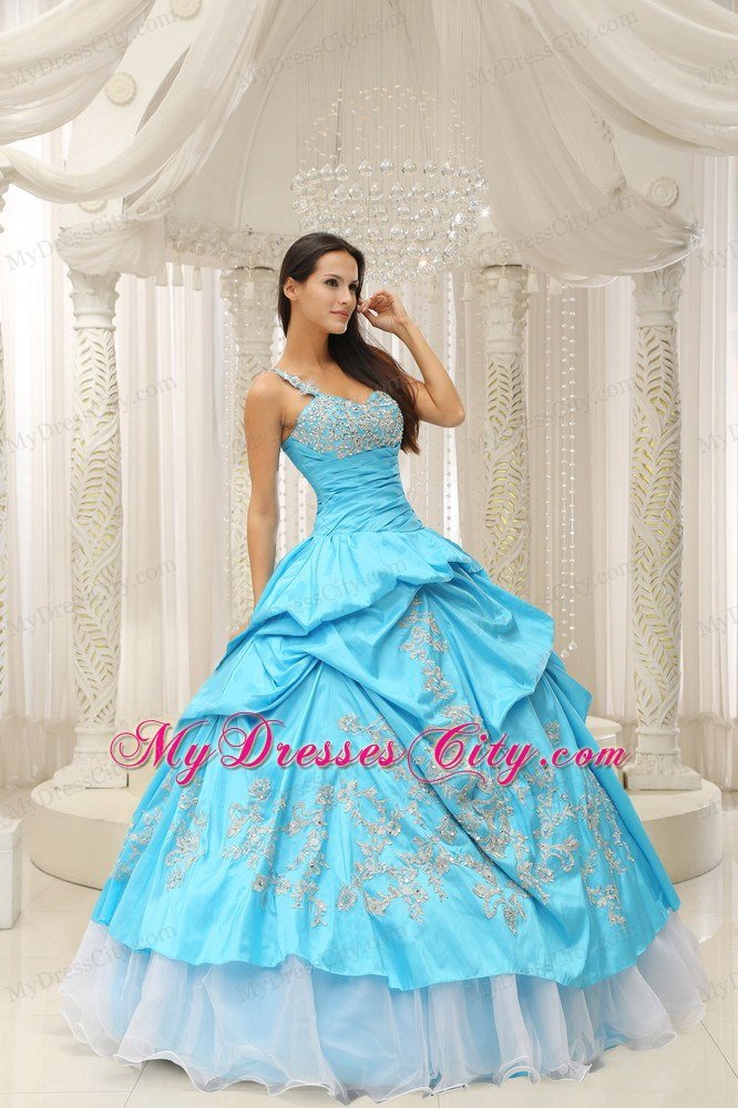 Aqua One Shoulder Embroidery Quinceanera Dress in Organza