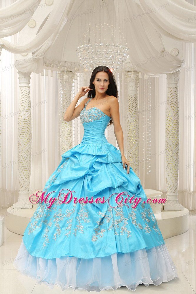 Aqua One Shoulder Embroidery Quinceanera Dress in Organza